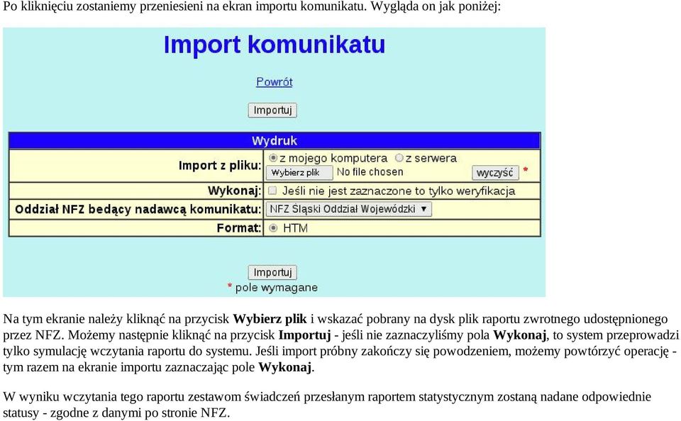 Możemy następnie kliknąć na przycisk Importuj jeśli nie zaznaczyliśmy pola Wykonaj, to system przeprowadzi tylko symulację wczytania raportu do systemu.