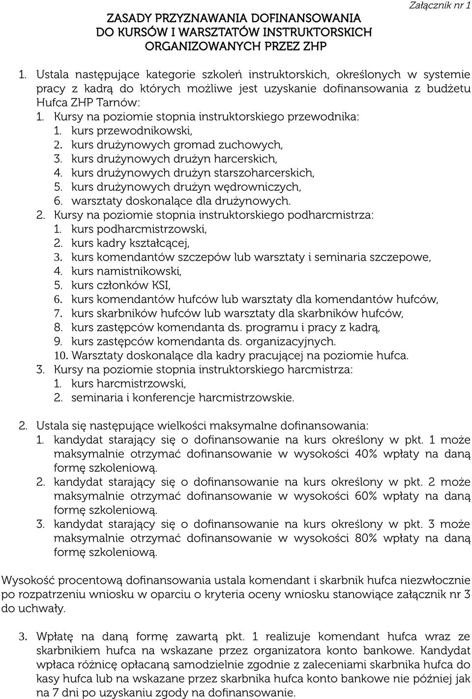 Kursy na poziomie stopnia instruktorskiego przewodnika: 1. kurs przewodnikowski, 2. kurs drużynowych gromad zuchowych, 3. kurs drużynowych drużyn harcerskich, 4.