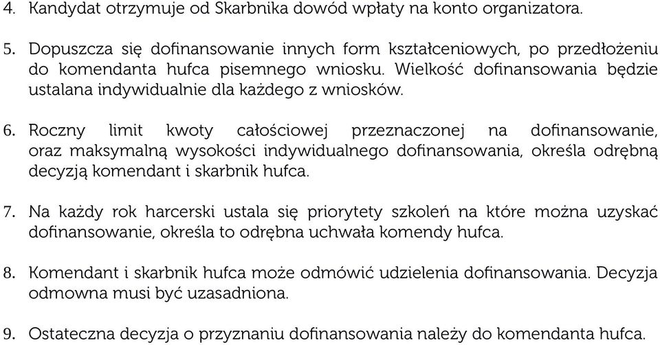 Roczny limit kwoty całościowej przeznaczonej na dofinansowanie, oraz maksymalną wysokości indywidualnego dofinansowania, określa odrębną decyzją komendant i skarbnik hufca. 7.