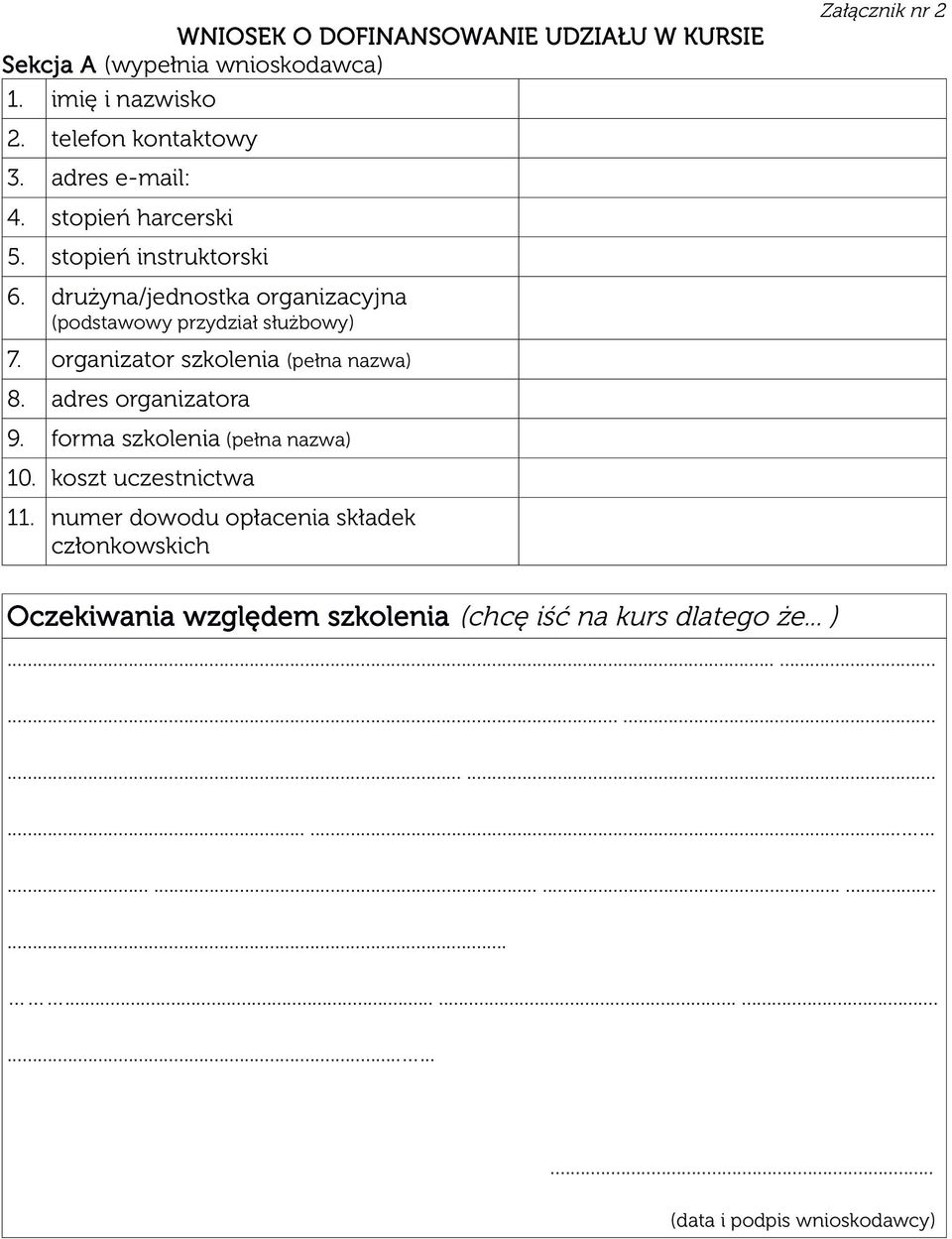 organizator szkolenia (pełna nazwa) 8. adres organizatora 9. forma szkolenia (pełna nazwa) 10. koszt uczestnictwa 11.