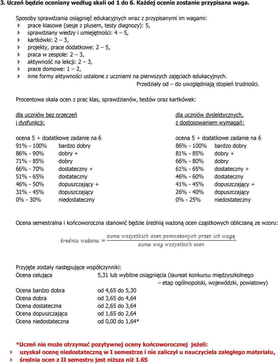 dodatkowe: 2 5, praca w zespole: 2 3, aktywność na lekcji: 2 3, prace domowe: 1 2, inne formy aktywności ustalone z uczniami na pierwszych zajęciach edukacyjnych.