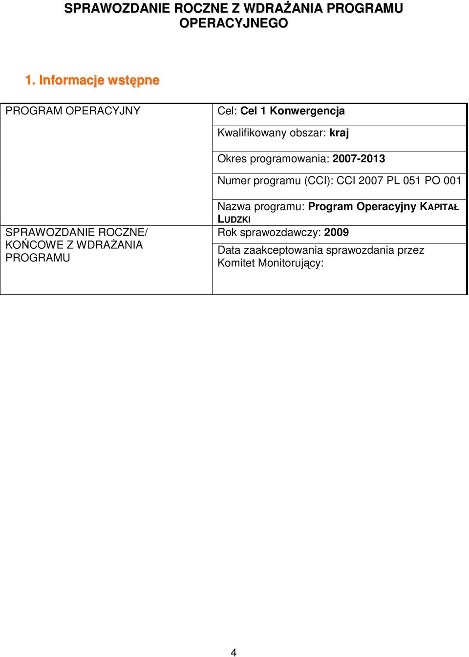 programowania: 27-213 Numer programu (CCI): CCI 27 PL 51 PO 1 SPRAWOZDANIE ROCZNE/ KOŃCOWE Z