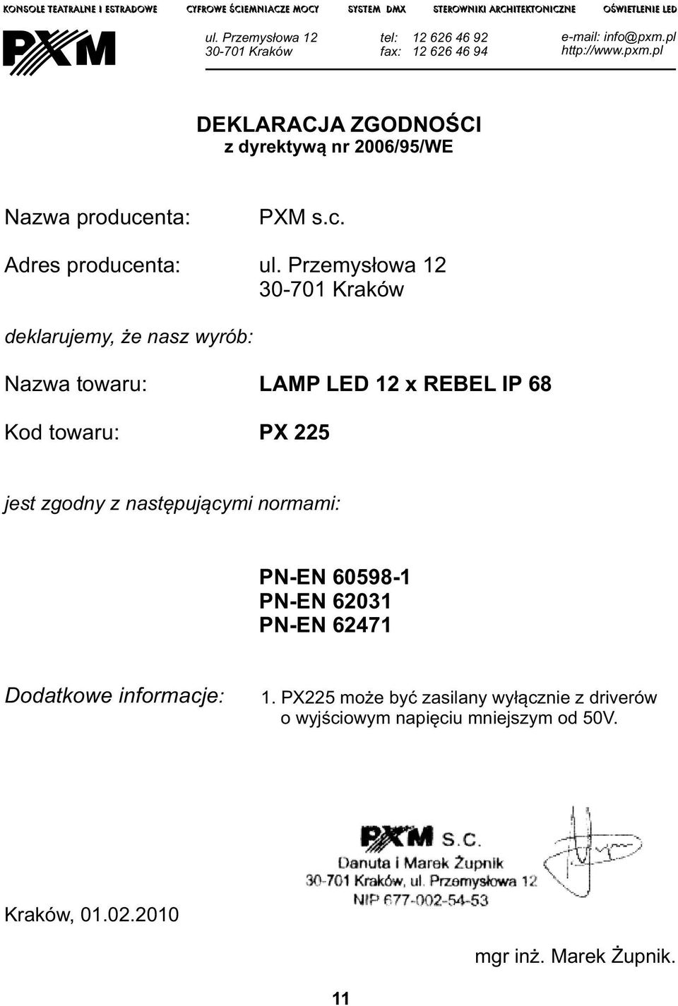 pl http://www.pxm.pl DEKLARACJA ZGODNOŚCI z dyrektywą nr 2006/9/WE Nazwa producenta: Adres producenta: PXM s.c. ul.