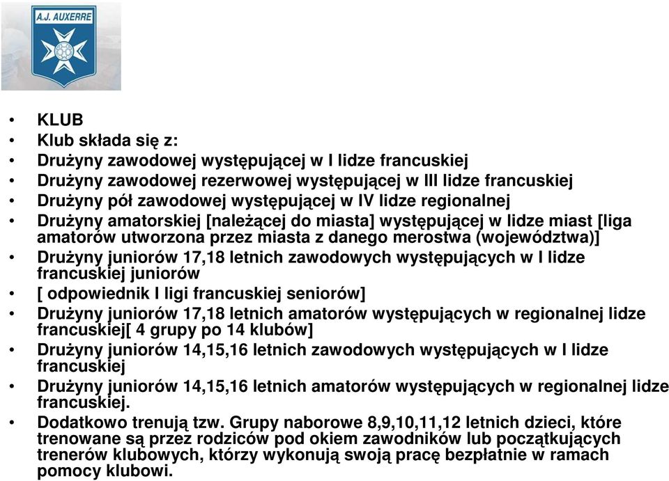 występujących w I lidze francuskiej juniorów [ odpowiednik I ligi francuskiej seniorów] DruŜyny juniorów 17,18 letnich amatorów występujących w regionalnej lidze francuskiej[ 4 grupy po 14 klubów]
