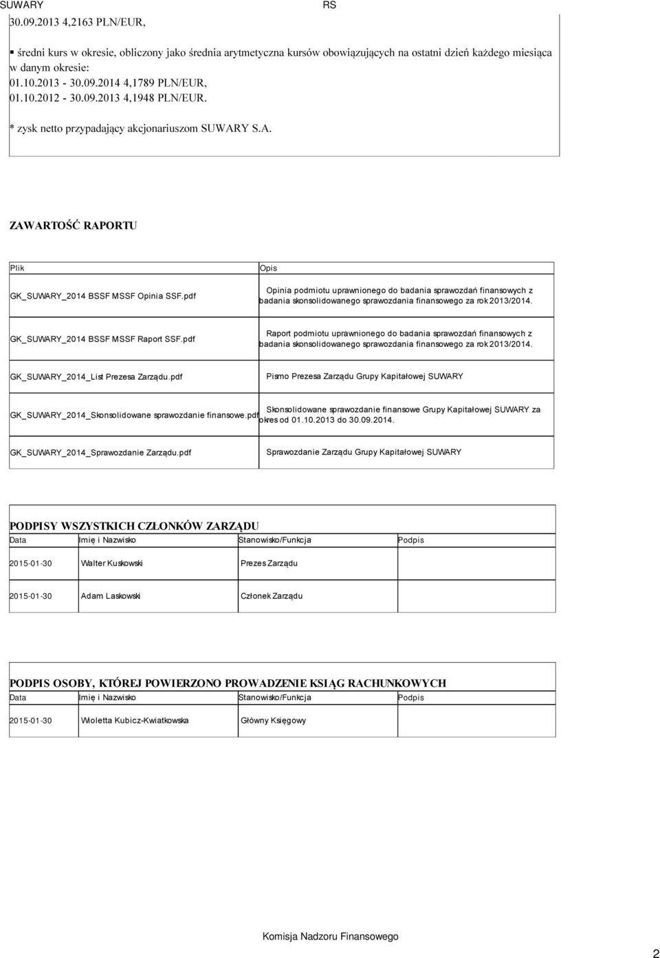 pdf Opis Opinia podmiotu uprawnionego do badania sprawozdań finansowych z badania skonsolidowanego sprawozdania finansowego za rok 2013/2014. GK_SUWARY_2014 BSSF MSSF Raport SSF.