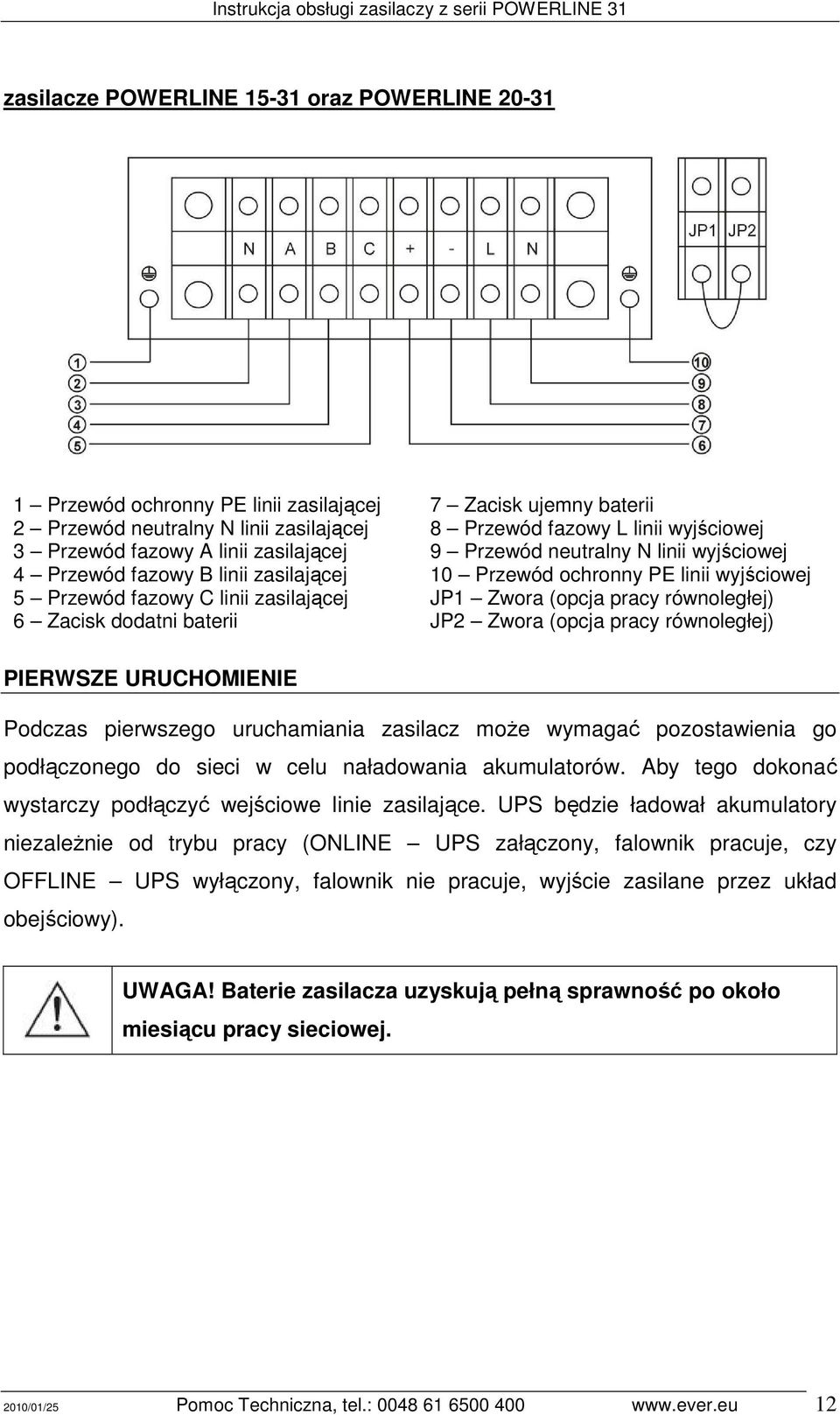 pracy równoległej) 6 Zacisk dodatni baterii JP2 Zwora (opcja pracy równoległej) PIERWSZE URUCHOMIENIE Podczas pierwszego uruchamiania zasilacz moŝe wymagać pozostawienia go podłączonego do sieci w