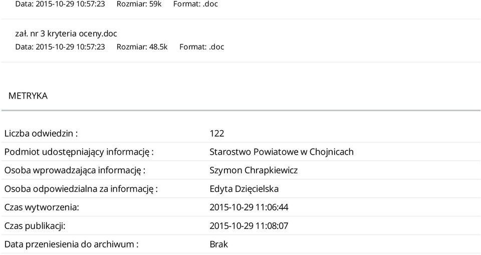 doc METRYKA Liczba odwiedzin : 122 Podmiot udostępniający informację : Osoba wprowadzająca informację : Osoba