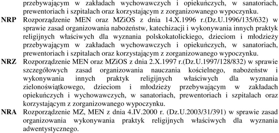 1996/135/632) w sprawie zasad organizowania naboŝeństw, katechizacji i wykonywania innych praktyk religijnych właściwych dla wyznania polskokatolickiego, dzieciom i młodzieŝy przebywającym w