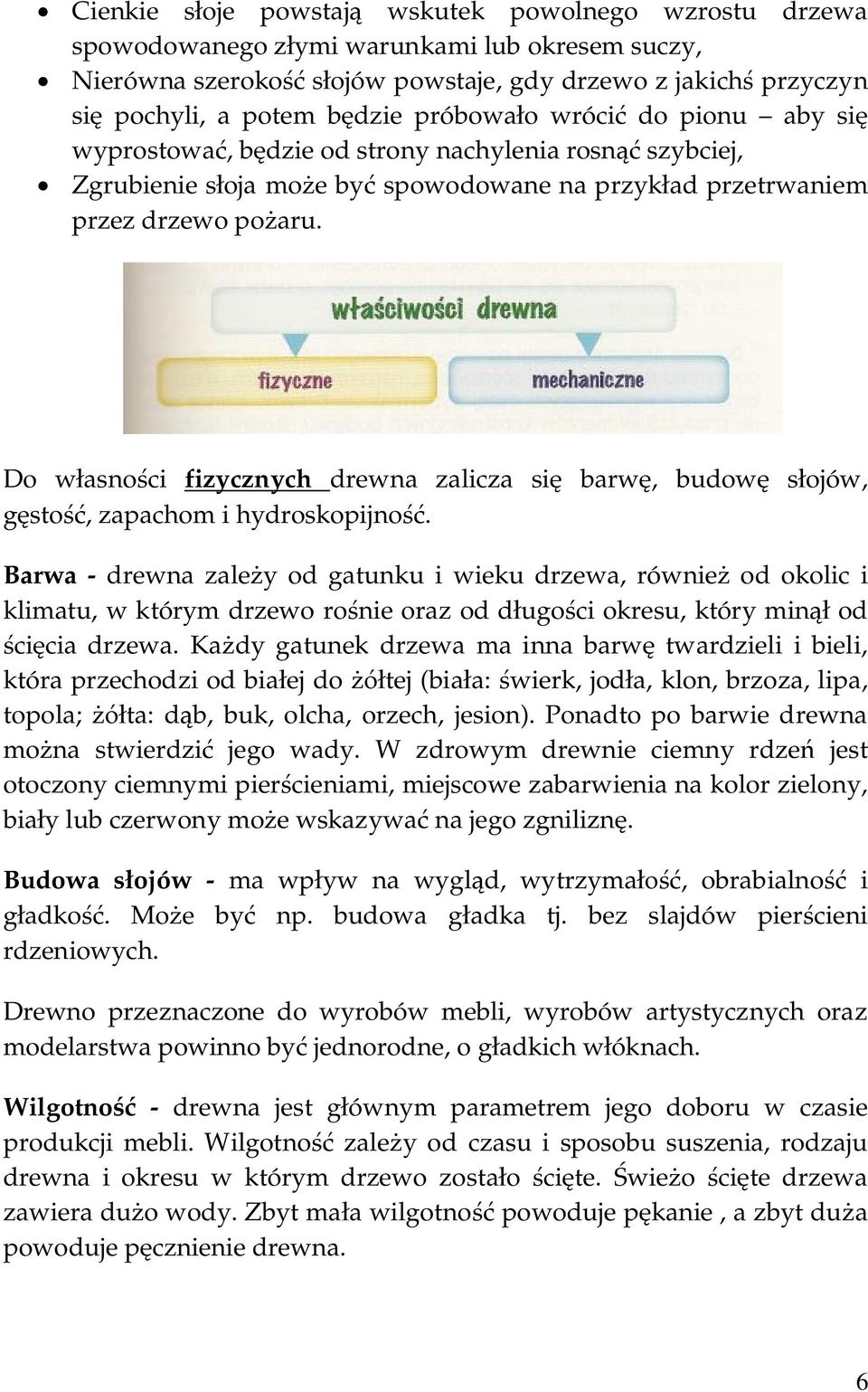 Do własności fizycznych drewna zalicza się barwę, budowę słojów, gęstość, zapachom i hydroskopijność.