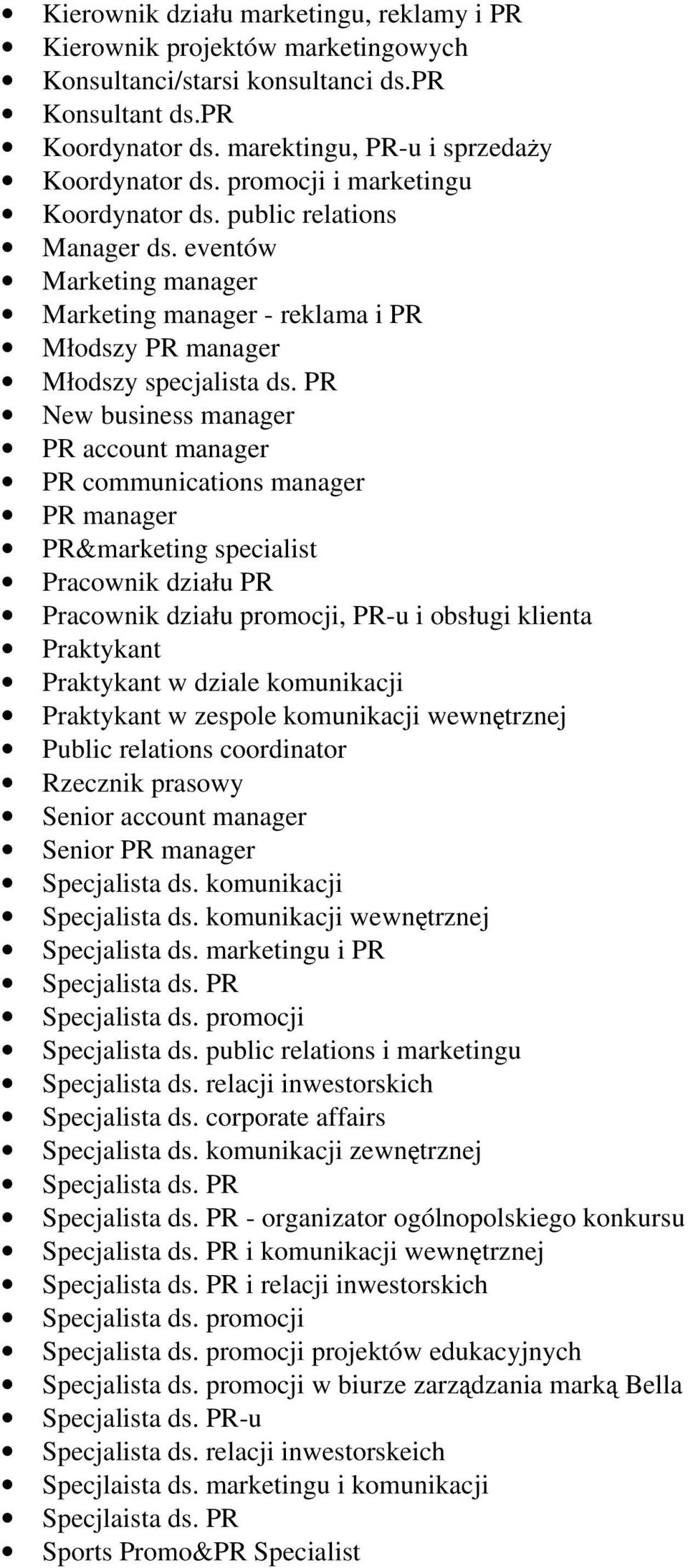 PR New business manager PR account manager PR communications manager PR manager PR&marketing specialist Pracownik działu PR Pracownik działu promocji, PR-u i obsługi klienta Praktykant Praktykant w