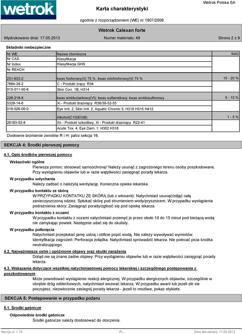 2, Aquatic Chronic 3; H319 H315 H412 Ilość 15-20 % 5-10 % 2613-52- Alkohol(C10)EO(6) Xn - Produkt szkodliwy, Xi - Produkt drażniący R22-41 Acute Tox. 4, Eye Dam.