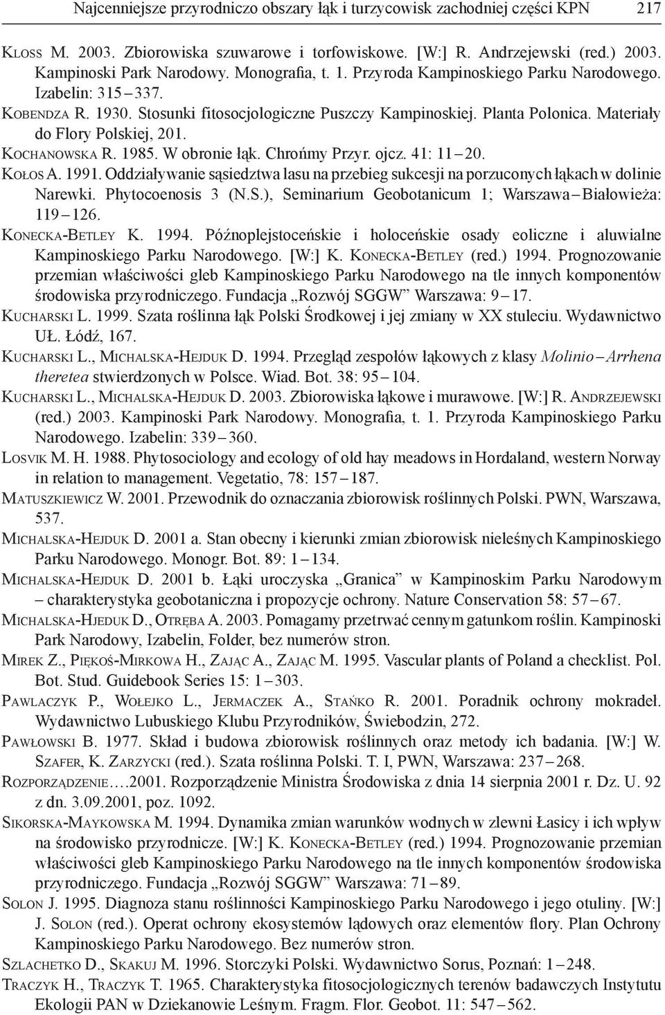 KOCHANOWSKA R. 1985. W obronie łąk. Chrońmy Przyr. ojcz. 41: 11 20. KOŁOS A. 1991. Oddziaływanie sąsiedztwa lasu na przebieg sukcesji na porzuconych łąkach w dolinie Narewki. Phytocoenosis 3 (N.S.), Seminarium Geobotanicum 1; Warszawa Białowieża: 119 126.