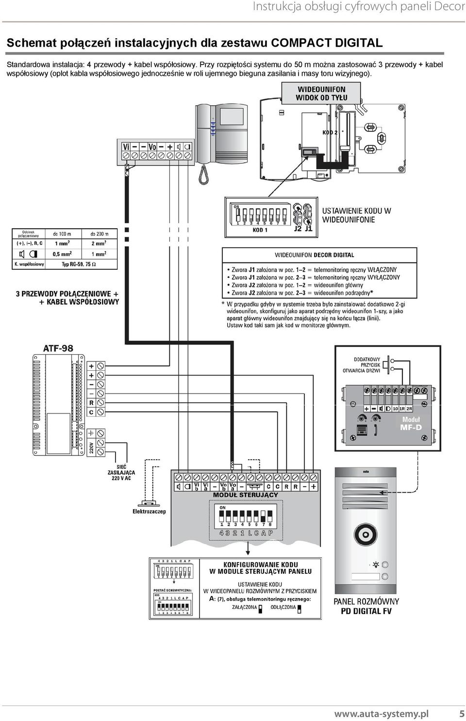 Przy rozpi to ci systemu do 50 m mo na zastosowa 3 przewody + kabel wspó