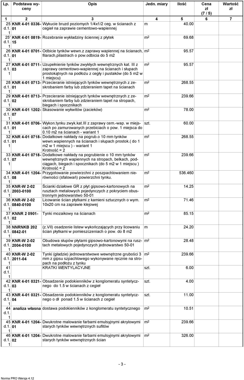 68 Odbicie tynków wewn.z zaprawy wapiennej na ścianach, filarach,pilastrach o pow.odbicia do 5 m Uzupełnienie tynków zwykłych wewnętrznych kat.
