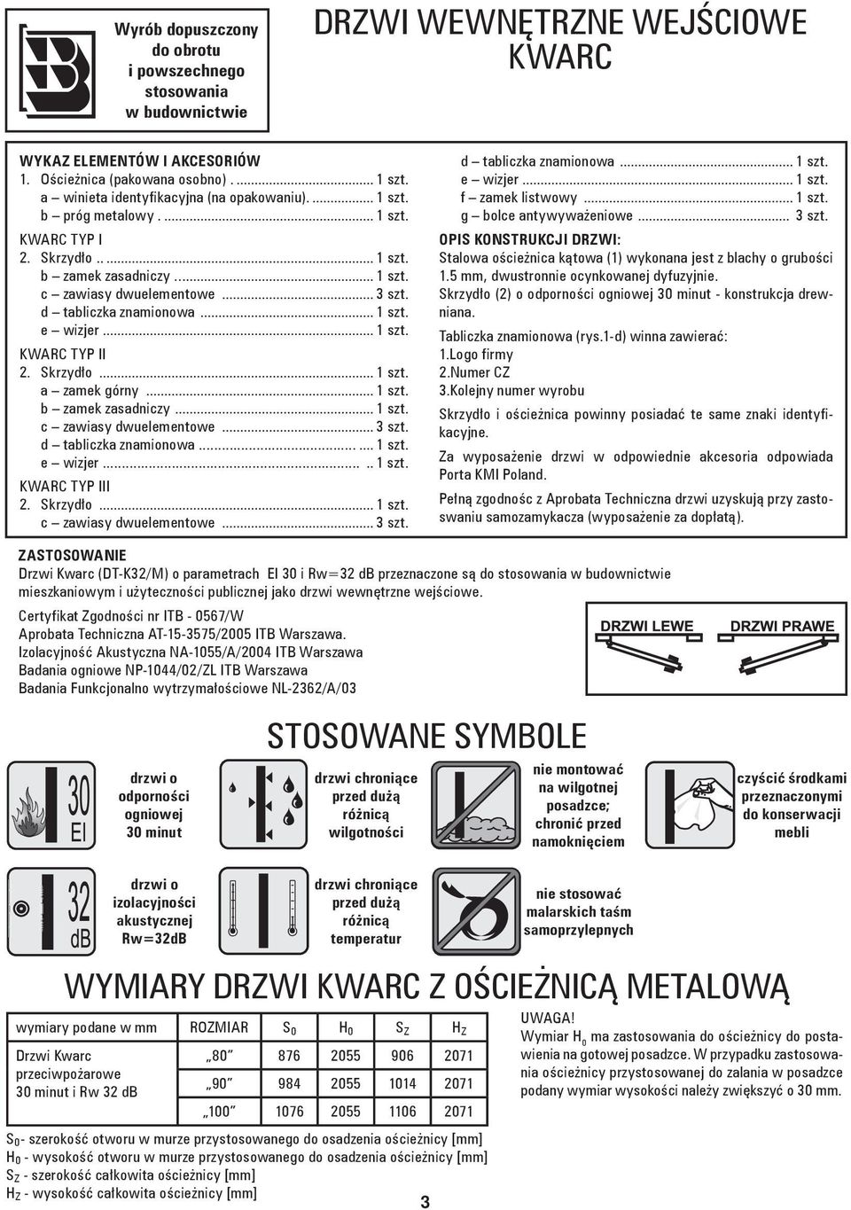 d tabliczka znamionowa... 1 szt. e wizjer... 1 szt. KWARC TYP II 2. Skrzydło... 1 szt. a zamek górny... 1 szt. b zamek zasadniczy... 1 szt. c zawiasy dwuelementowe... 3 szt. d tabliczka znamionowa.