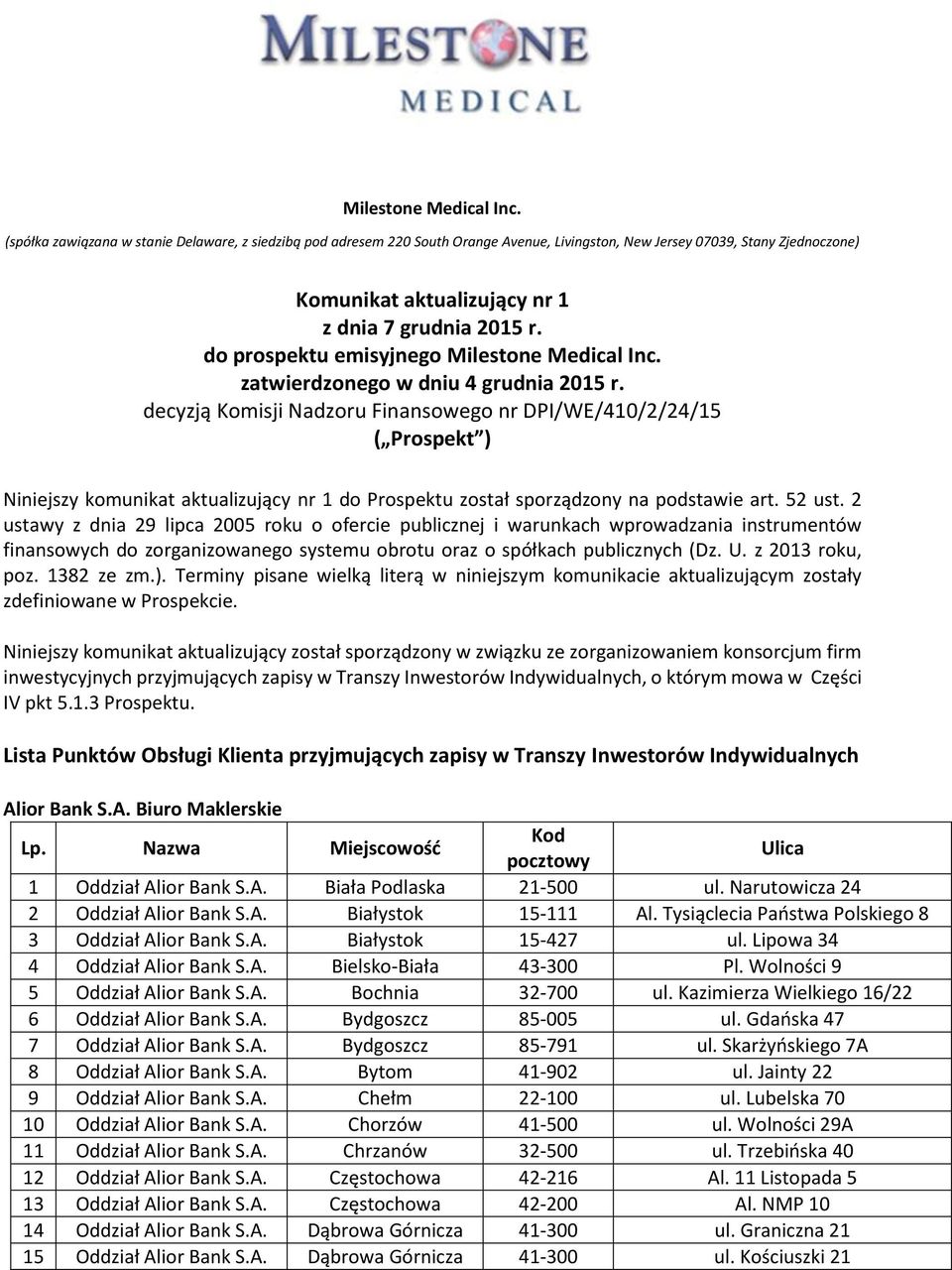 do prospektu emisyjnego  zatwierdzonego w dniu 4 grudnia 2015 r.