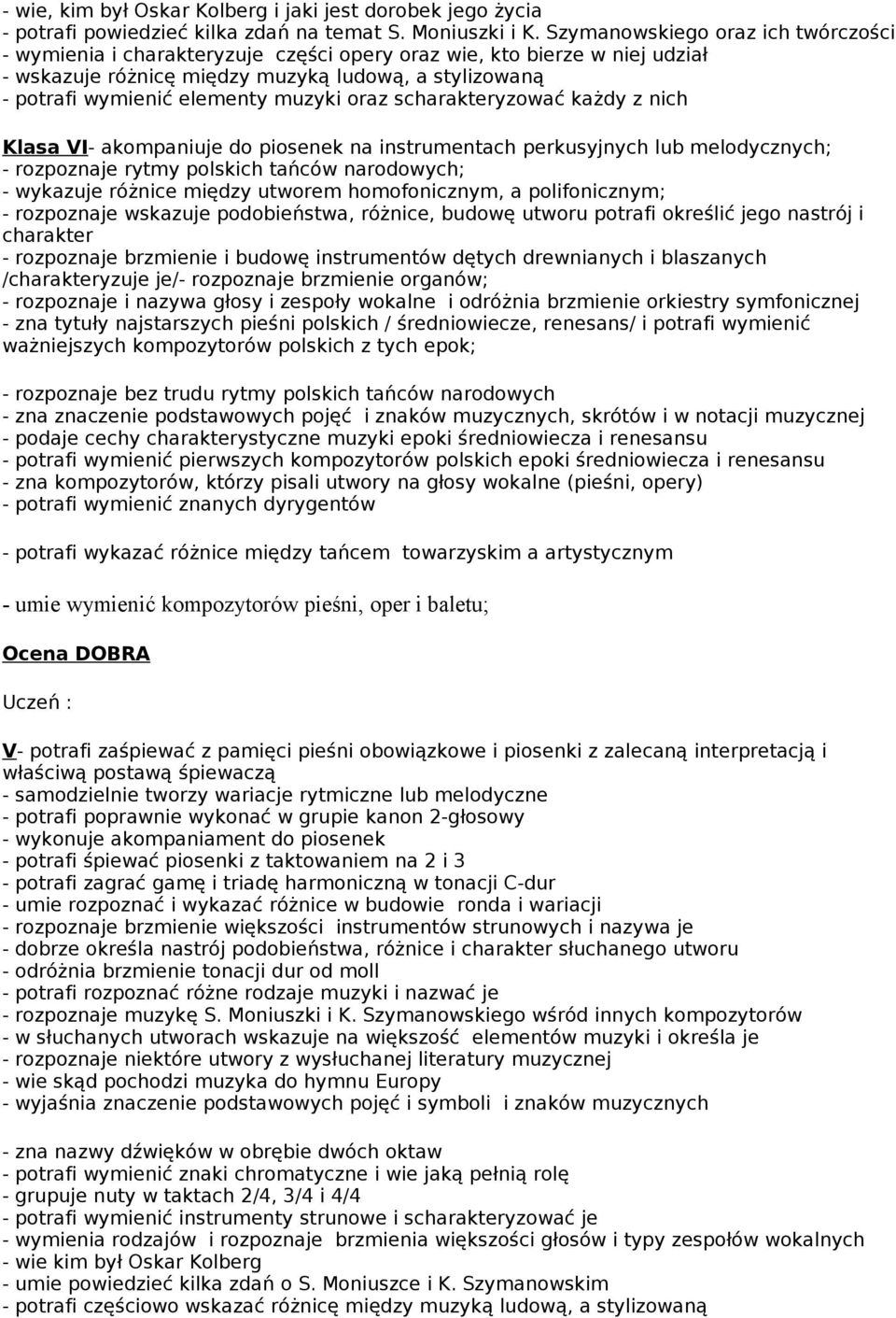 muzyki oraz scharakteryzować każdy z nich Klasa VI- akompaniuje do piosenek na instrumentach perkusyjnych lub melodycznych; - rozpoznaje rytmy polskich tańców narodowych; - wykazuje różnice między