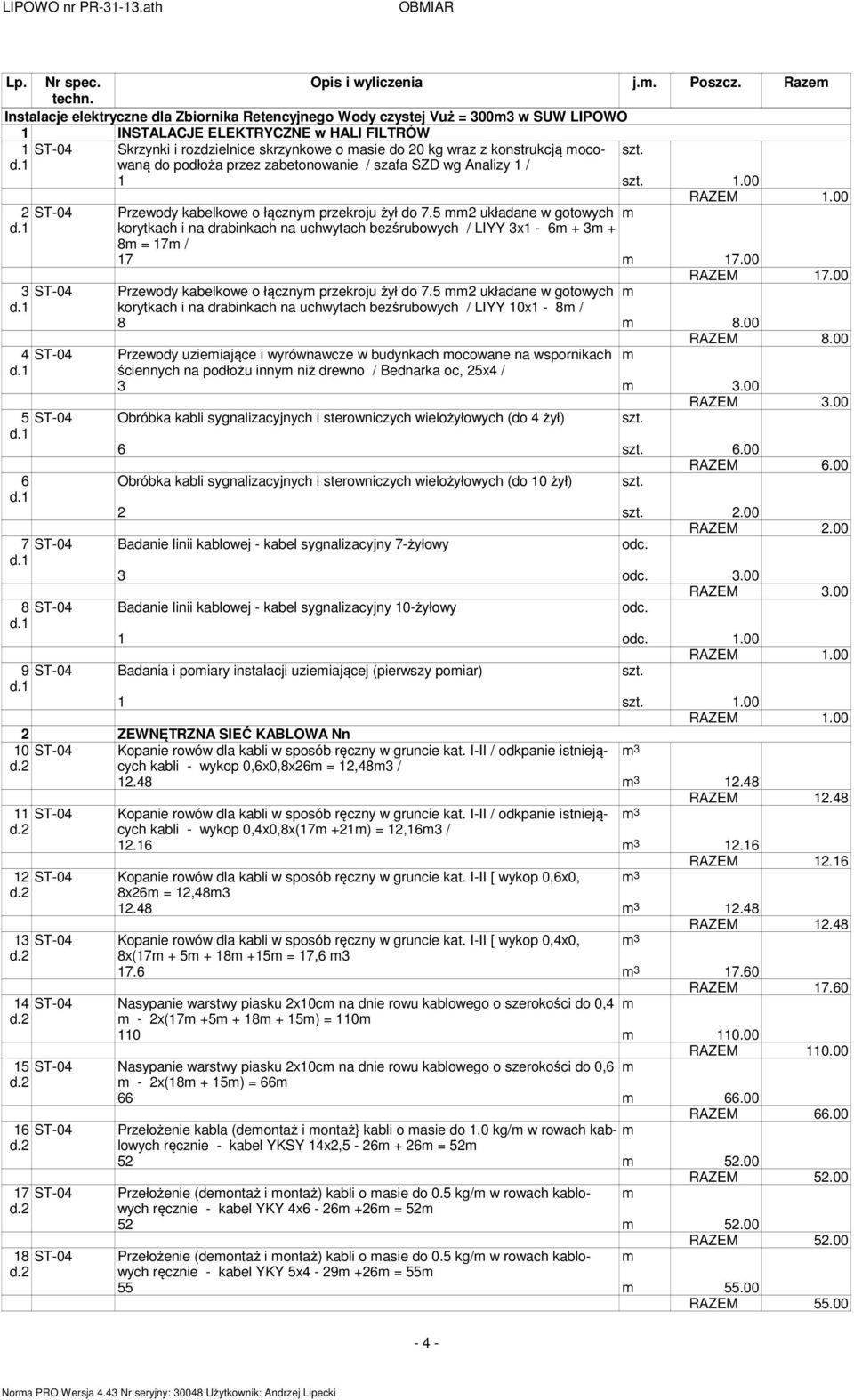 konstrukcją ocowaną szt. do podłoża przez zabetonowanie / szafa SZD wg Analizy 1 / 2 ST-04 Przewody kabelkowe o łączny przekroju żył do 7.
