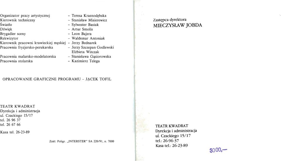 Godlewski Elżbieta Witczak - Stanisława Gąsiorowska - Kazimierz Telega Zastępca dyrektora MIECZVSŁAW JOBDA OPRACOWANIE GRAFICZNE PROGRAMU - Jf.