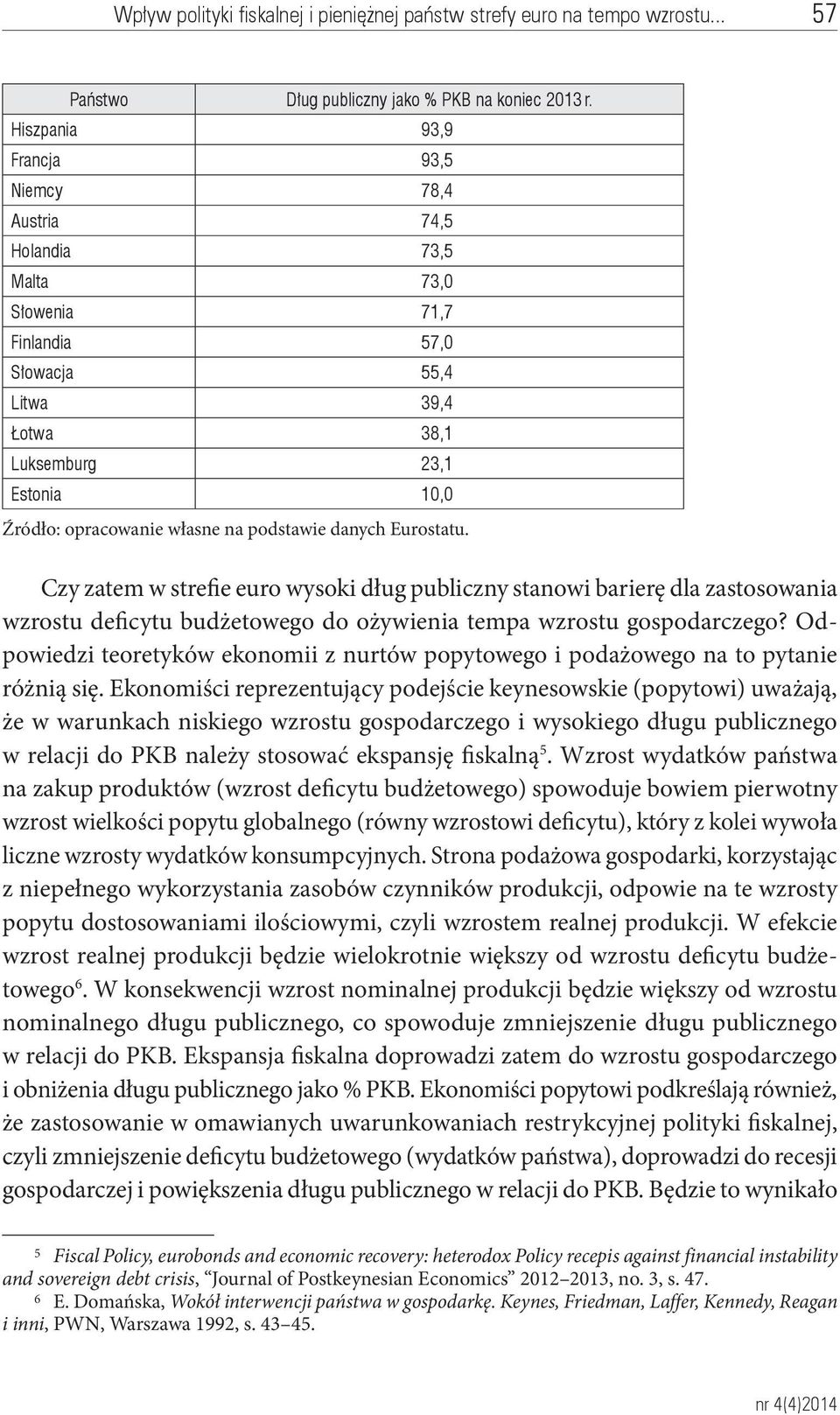 na podstawie danych Eurostatu. Czy zatem w strefie euro wysoki dług publiczny stanowi barierę dla zastosowania wzrostu deficytu budżetowego do ożywienia tempa wzrostu gospodarczego?