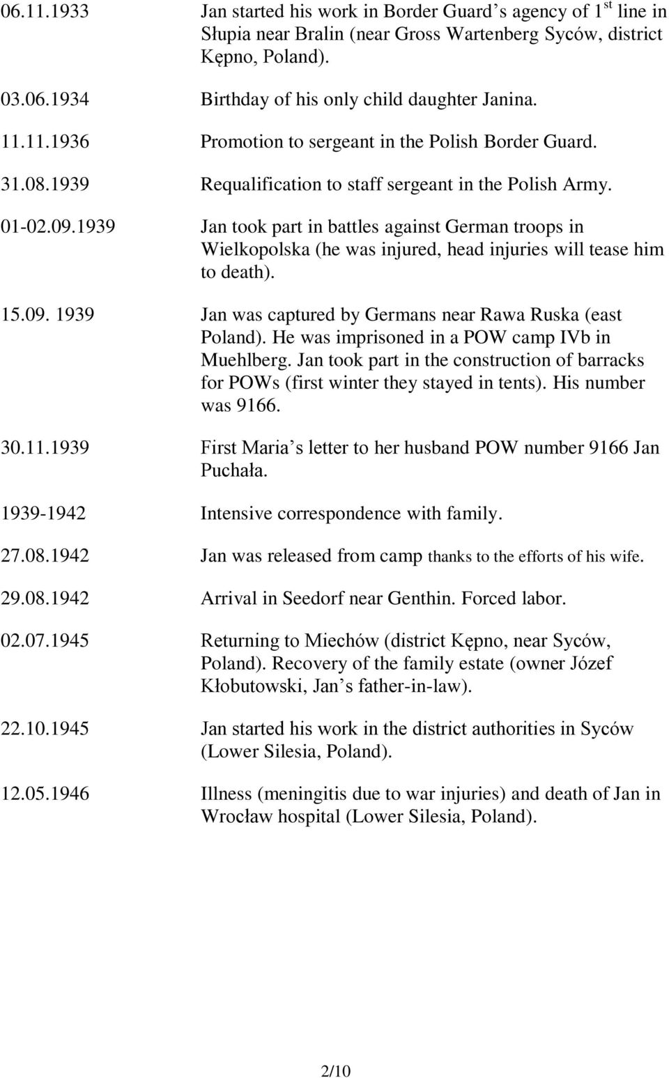 1939 Jan took part in battles against German troops in Wielkopolska (he was injured, head injuries will tease him to death). 15.09. 1939 Jan was captured by Germans near Rawa Ruska (east Poland).