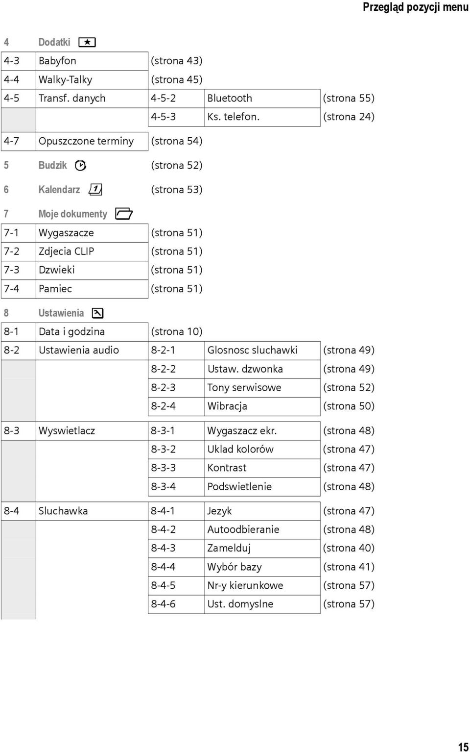 Pamiec (strona 51) 8 Ustawienia Ð 8-1 Data i godzina (strona 10) 8-2 Ustawienia audio 8-2-1 Glosnosc sluchawki (strona 49) 8-2-2 Ustaw.
