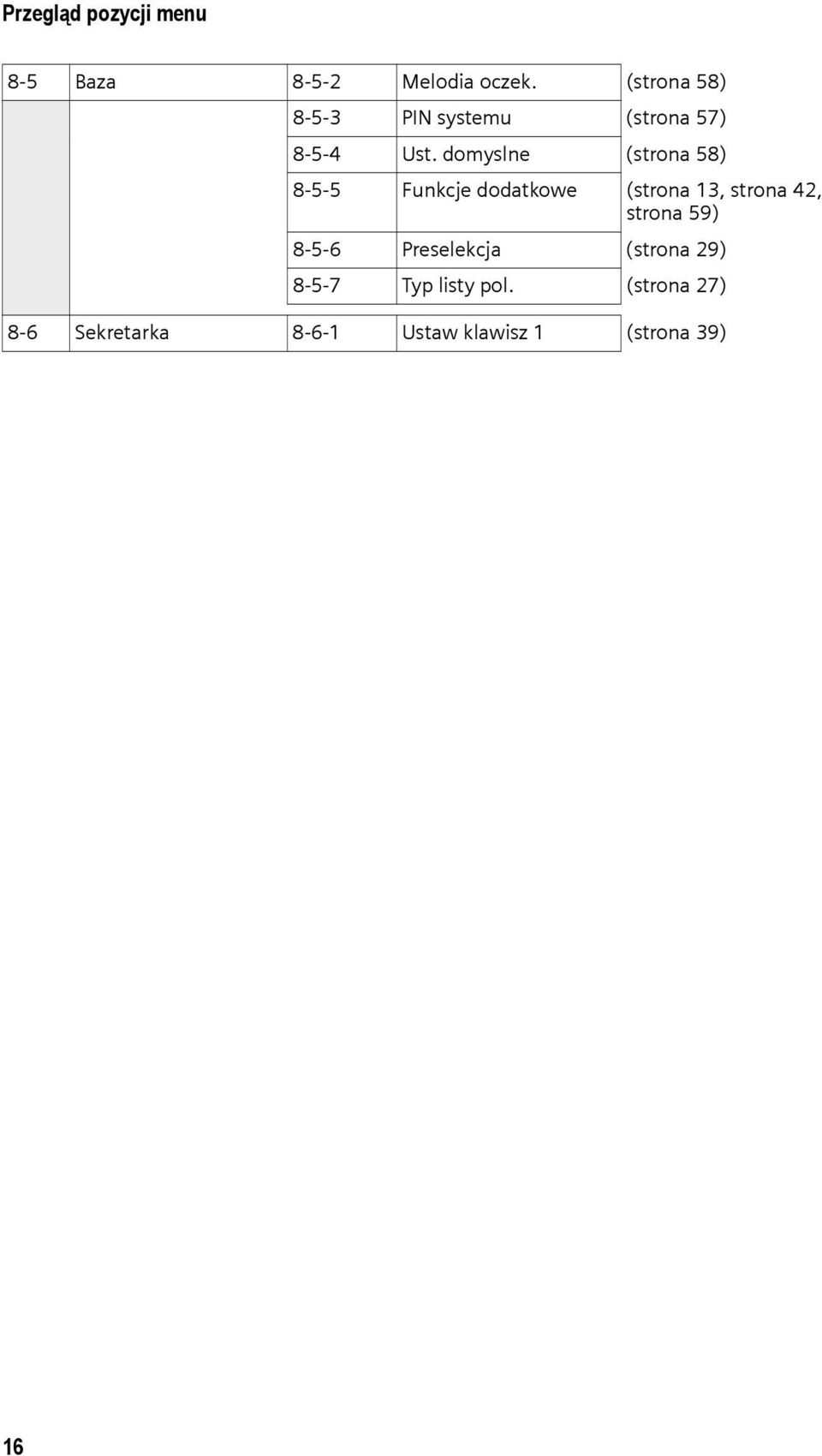 domyslne (strona 58) 8-5-5 Funkcje dodatkowe (strona 13, strona 42, strona