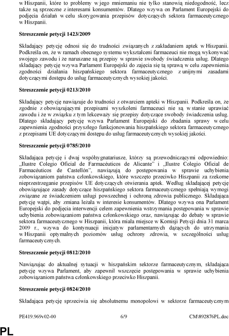 Streszczenie petycji 1423/2009 Składający petycję odnosi się do trudności związanych z zakładaniem aptek w Hiszpanii.