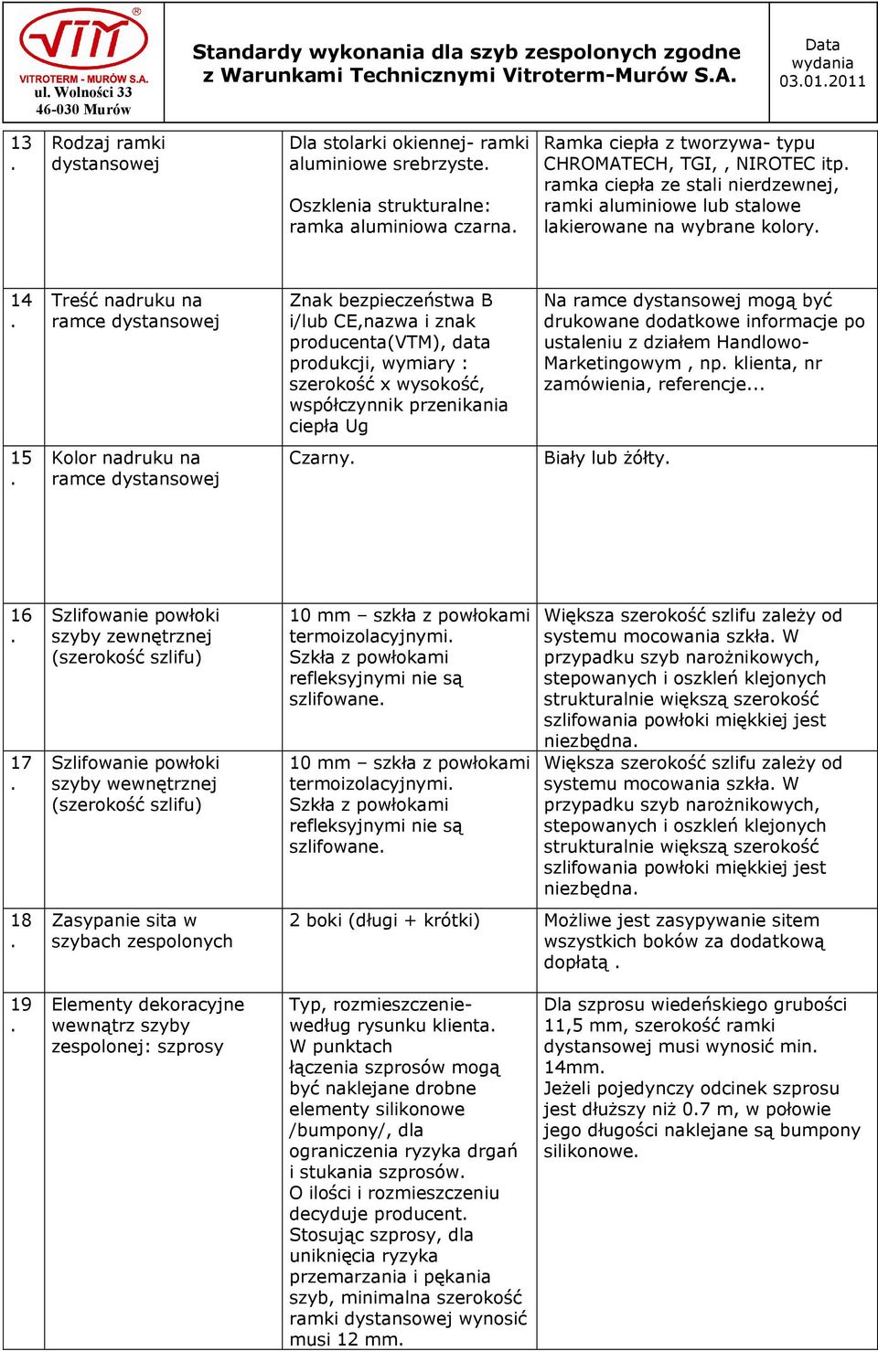 bezpieczeństwa B i/lub CE,nazwa i znak producenta(vtm), data produkcji, wymiary : szerokość x wysokość, wspåłczynnik przenikania ciepła Ug Na ramce dystansowej mogą być drukowane dodatkowe informacje