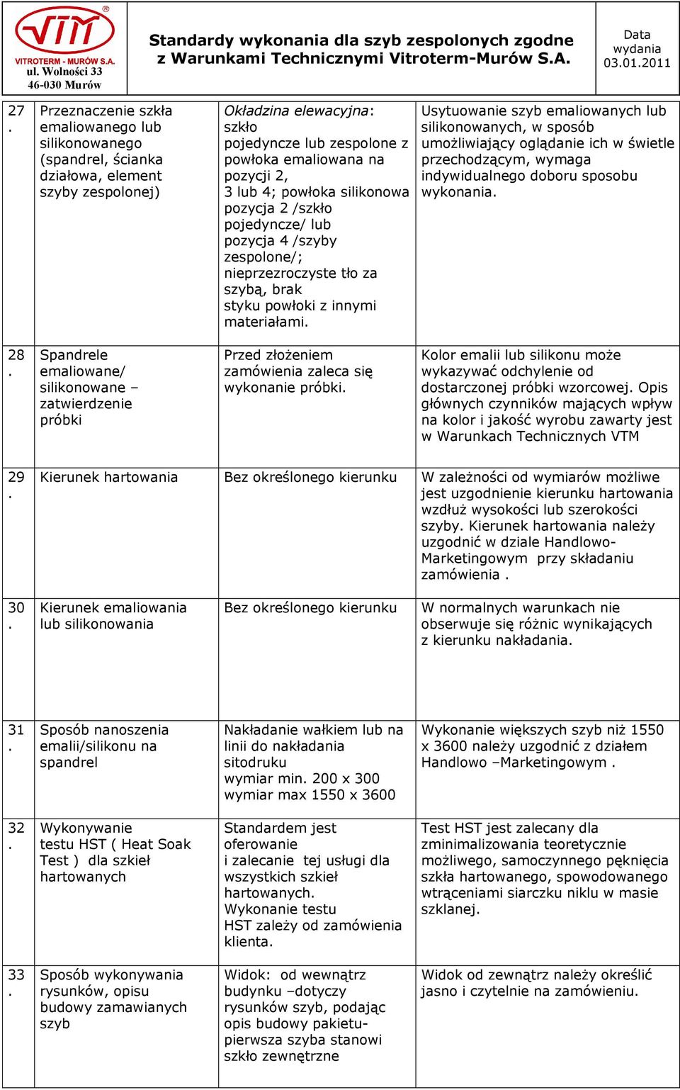 powłoki z innymi materiałami Usytuowanie szyb emaliowanych lub silikonowanych, w sposåb umożliwiający oglądanie ich w świetle przechodzącym, wymaga indywidualnego doboru sposobu wykonania 28