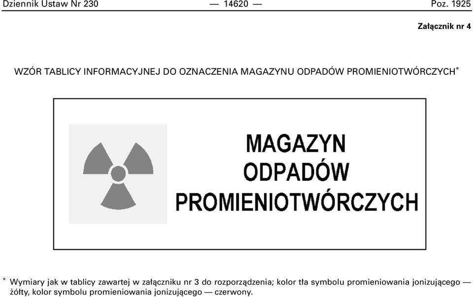 ODPADÓW PROMIENIOTWÓRCZYCH * * Wymiary jak w tablicy zawartej w za àczniku