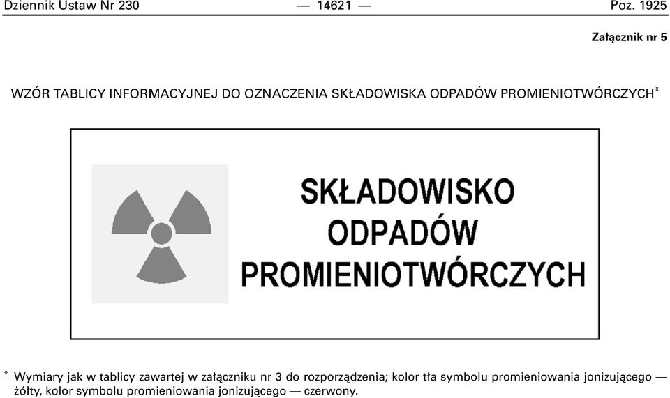 ODPADÓW PROMIENIOTWÓRCZYCH * * Wymiary jak w tablicy zawartej w za àczniku