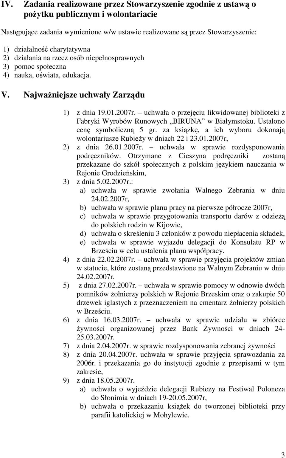 uchwała o przejęciu likwidowanej biblioteki z Fabryki Wyrobów Runowych BIRUNA w Białymstoku. Ustalono cenę symboliczną 5 gr. za ksiąŝkę, a ich wyboru dokonają wolontariusze RubieŜy w dniach 22 i 23.