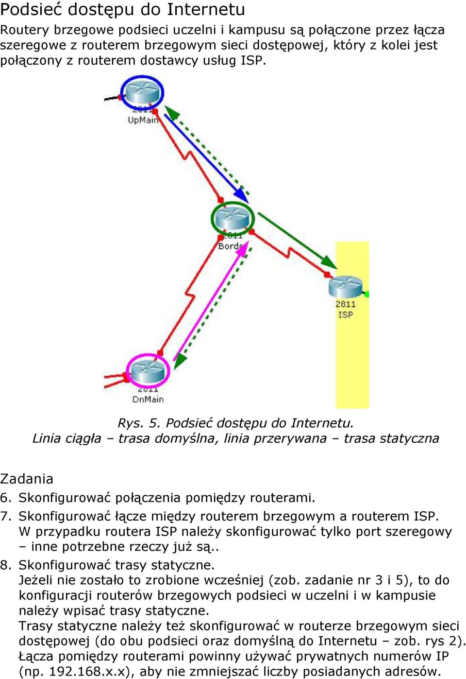 Skonfigurować łącze między routerem brzegowym a routerem ISP. W przypadku routera ISP należy skonfigurować tylko port szeregowy inne potrzebne rzeczy już są.. 8. Skonfigurować trasy statyczne.