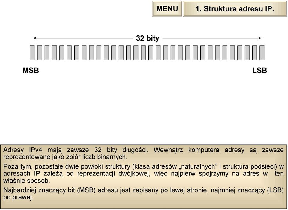 Poza tym, pozostałe dwie powłoki struktury (klasa adresów naturalnych i struktura podsieci) w adresach IP zależą od