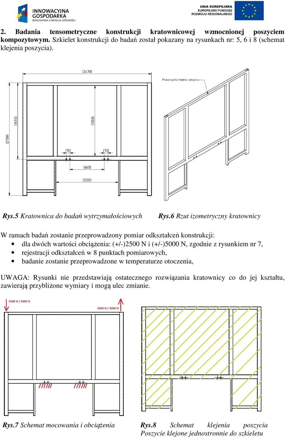 6 Rzut izometryczny kratownicy W ramach badań zostanie przeprowadzony pomiar odkształceń konstrukcji: dla dwóch wartości obciążenia: (+/-)2500 N i (+/-)5000 N, zgodnie z rysunkiem nr 7,