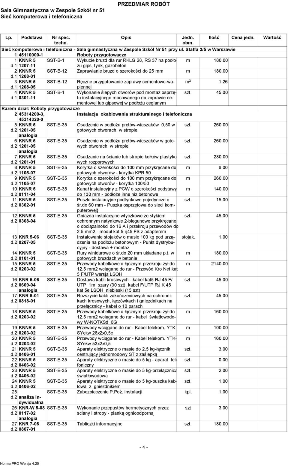 Staffa 3/5 w Warszawie 1 45110000-1 Roboty przygotowacze 1 KNNR 5 SST-B-1 Wykucie bruzd dla rur RKLG 28, RS 37 na podłożu 180.00 d.