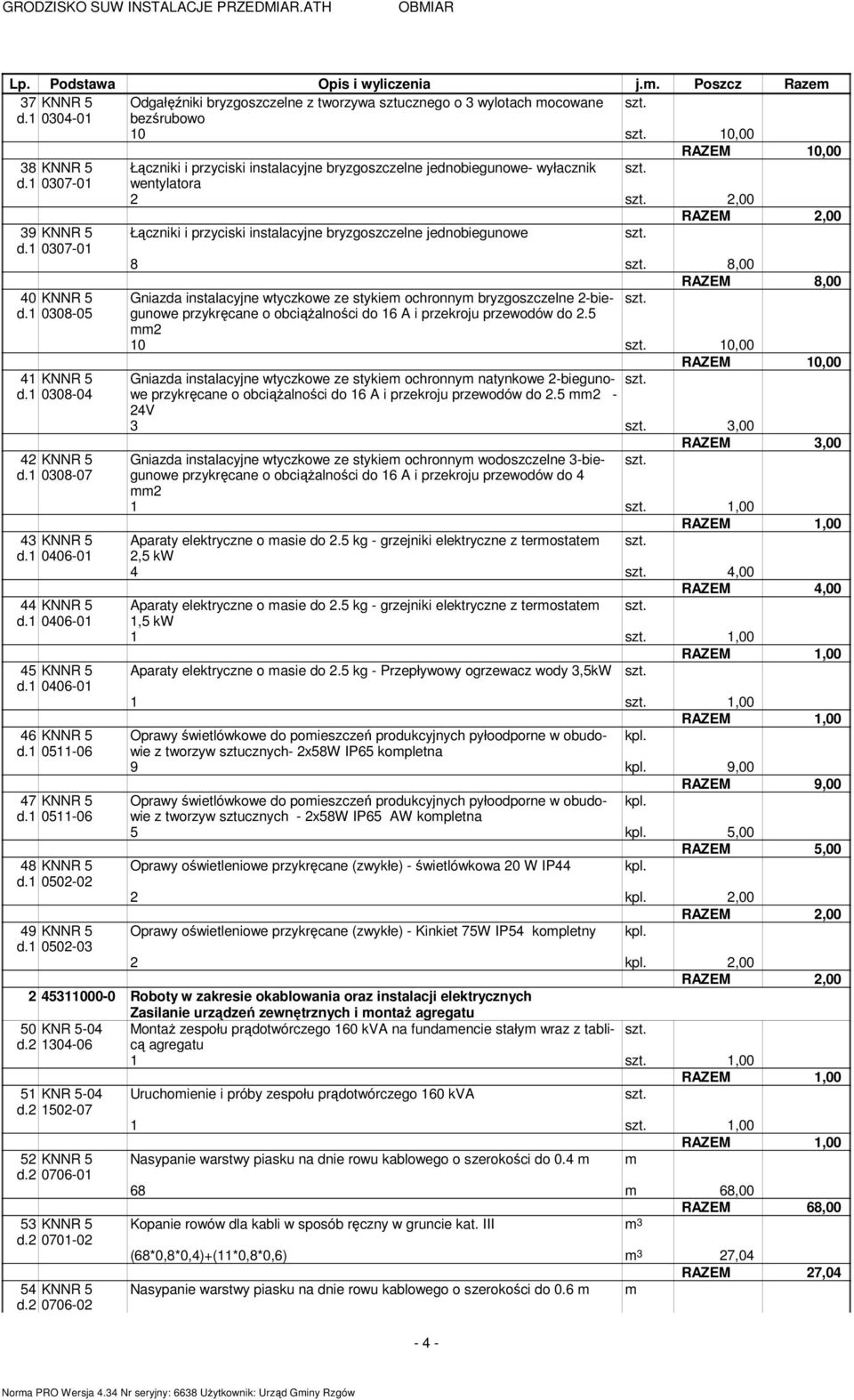 jednobiegunowe- wyłacznik 07-01 wentylatora 2 2,00 39 KNNR 5 Łączniki i przyciski instalacyjne bryzgoszczelne jednobiegunowe 07-01 8 8,00 RAZEM 8,00 40 KNNR 5 Gniazda instalacyjne wtyczkowe ze stykie