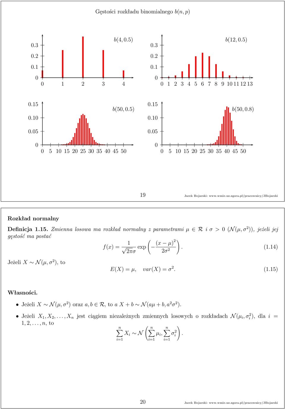 (1.14) πσ σ Jeżeli X N(µ,σ ),to E(X) = µ, var(x) = σ. (1.15) Własności. Jeżeli X N(µ,σ )oraz a,b R,to a X + b N(aµ + b,a σ ). Jeżeli X 1,X,.