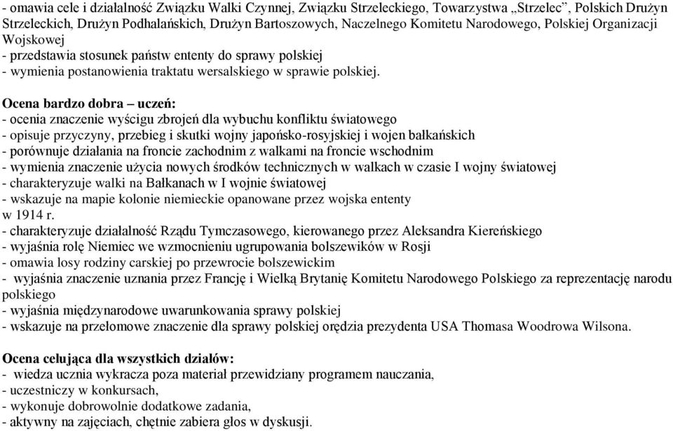 Ocena bardzo dobra uczeń: - ocenia znaczenie wyścigu zbrojeń dla wybuchu konfliktu światowego - opisuje przyczyny, przebieg i skutki wojny japońsko-rosyjskiej i wojen bałkańskich - porównuje