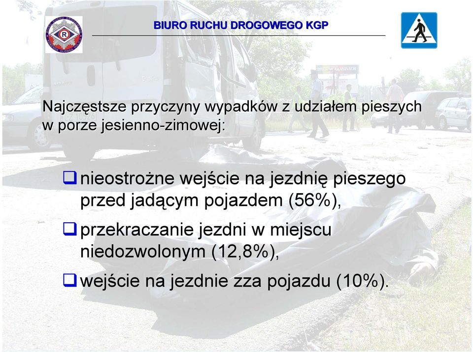 pieszego przed jadącym pojazdem (56%), przekraczanie jezdni