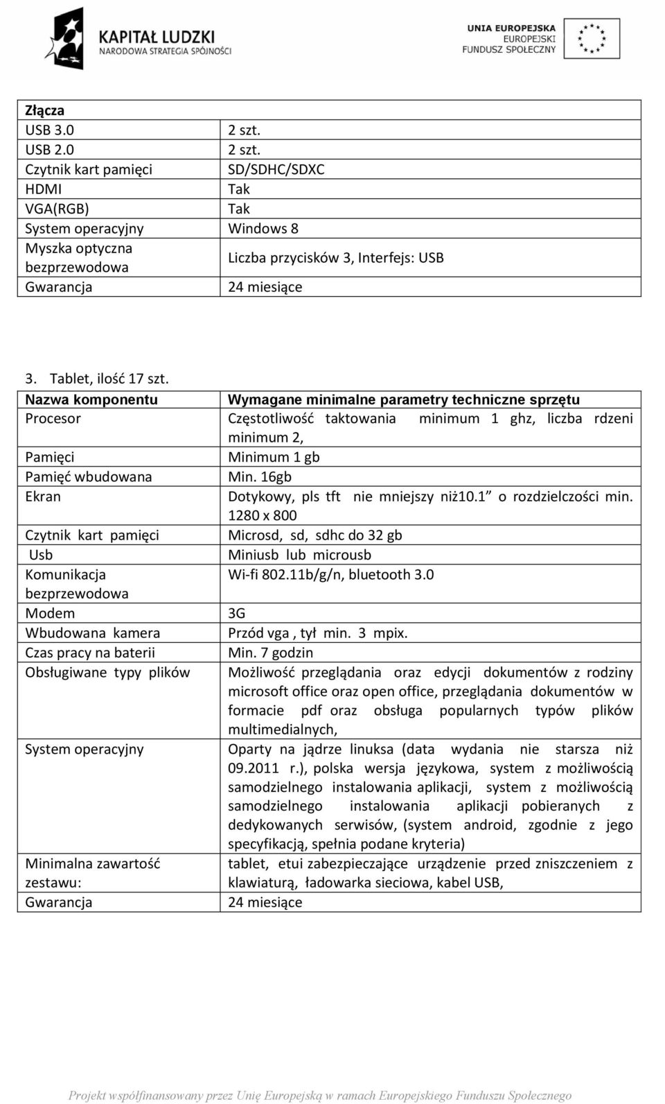Nazwa komponentu Wymagane minimalne parametry techniczne sprzętu Procesor Częstotliwość taktowania minimum 1 ghz, liczba rdzeni minimum 2, Pamięci Minimum 1 gb Pamięć wbudowana Min.