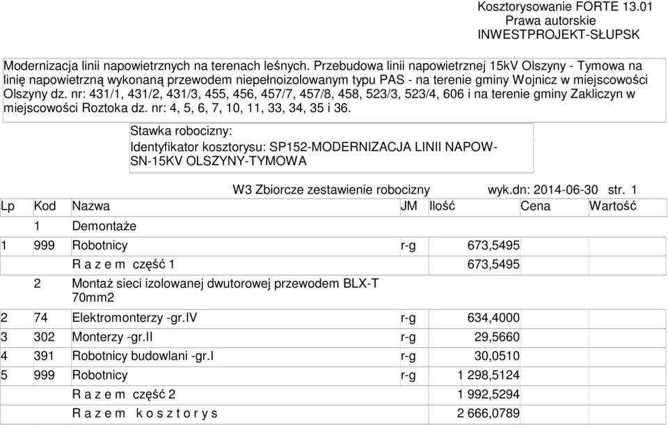 nr: 431/1, 431/2, 431/3, 455, 456, 457/7, 457/8, 458, 523/3, 523/4, 606 i na terenie giny Zakliczyn w iejscowości Roztoka dz. nr: 4, 5, 6, 7, 10, 11, 33, 34, 35 i 36.