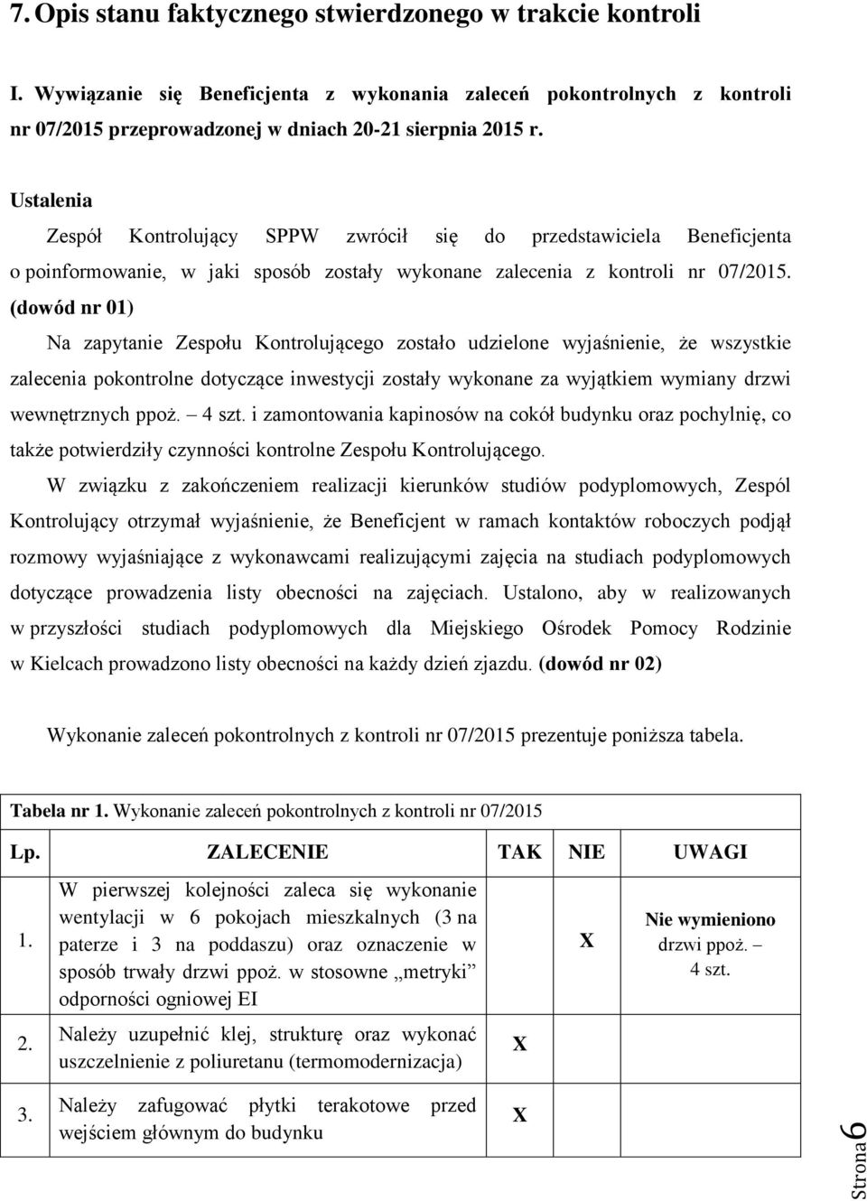 Ustalenia Zespół Kontrolujący SPPW zwrócił się do przedstawiciela Beneficjenta o poinformowanie, w jaki sposób zostały wykonane zalecenia z kontroli nr 07/2015.