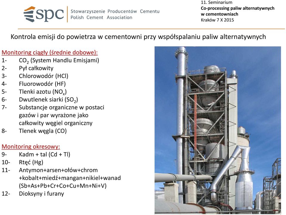 Substancje organiczne w postaci gazów i par wyrażone jako całkowity węgiel organiczny 8- Tlenek węgla (CO) Monitoring okresowy: 9- Kadm