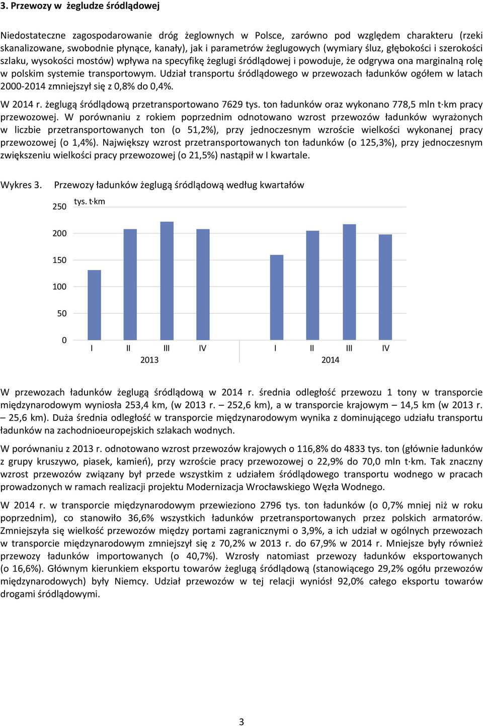 Udział transportu śródlądowego w przewozach ładunków ogółem w latach 2000 2014 zmniejszył się z 0,8% do 0,4%. W 2014 r. żeglugą śródlądową przetransportowano 7629 tys.