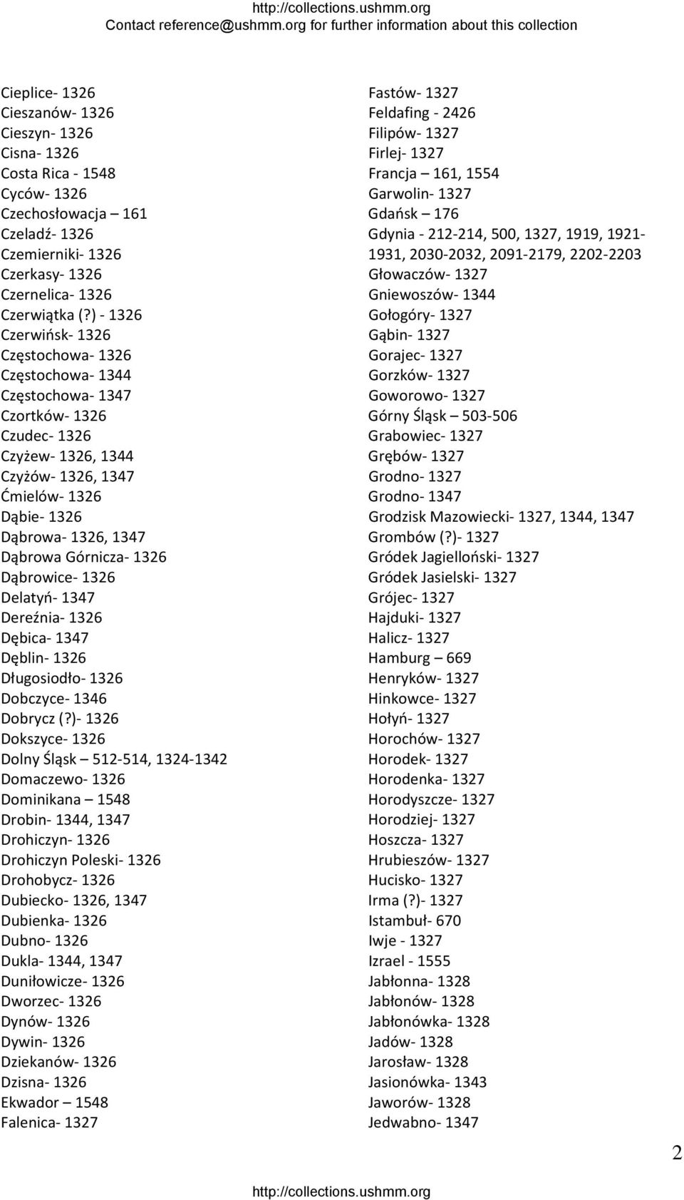 Dąbrowice 1326 Delatyń 1347 Dereźnia 1326 Dębica 1347 Dęblin 1326 Długosiodło 1326 Dobczyce 1346 Dobrycz (?