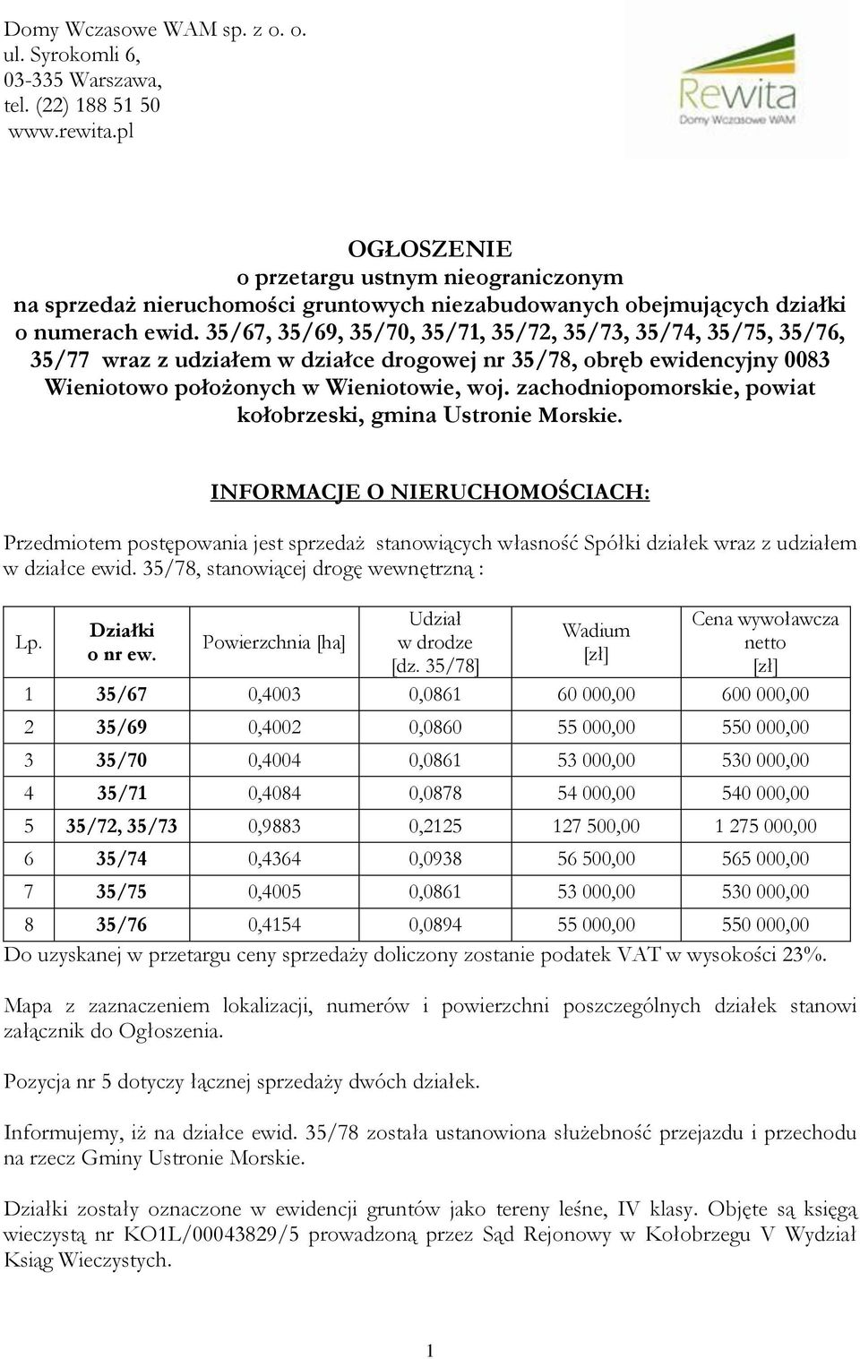 35/67, 35/69, 35/70, 35/71, 35/72, 35/73, 35/74, 35/75, 35/76, 35/77 wraz z udziałem w działce drogowej nr 35/78, obręb ewidencyjny 0083 Wieniotowo położonych w Wieniotowie, woj.