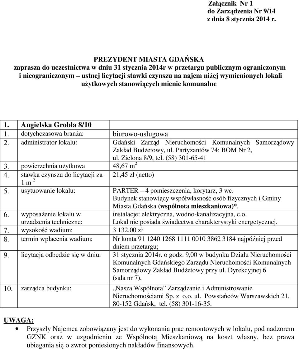 użytkowych stanowiących mienie komunalne 1. Angielska Grobla 8/10 1. dotychczasowa branża: biurowo-usługowa Zakład Budżetowy, ul. Partyzantów 74: BOM Nr 2, ul. Zielona 8/9, tel. (58) 301-65-41 3.