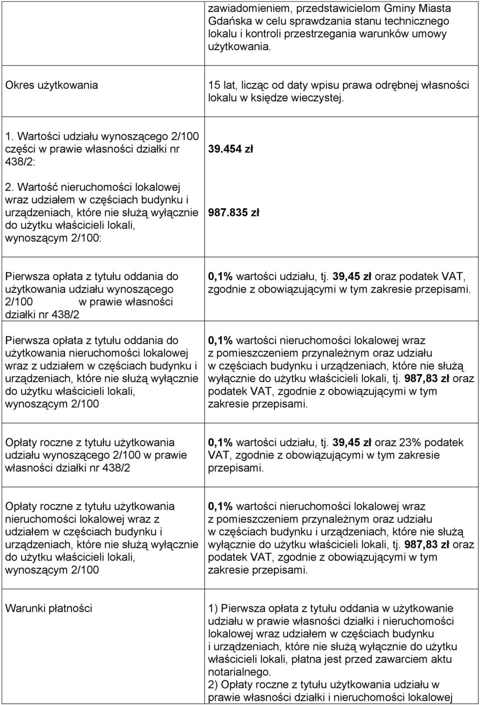 Wartość nieruchomości lokalowej wraz udziałem w częściach budynku i wynoszącym 2/100: 39.454 zł 987.